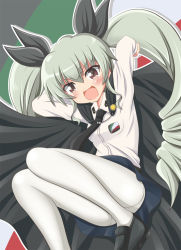 Rule 34 | 10s, 1girl, anchovy (girls und panzer), arms up, black footwear, black skirt, blush, brown eyes, cape, dress shirt, drill hair, emblem, flag background, girls und panzer, green hair, highres, italian flag, jumping, loafers, long hair, long sleeves, miniskirt, necktie, open mouth, panties, panties day, panties under pantyhose, pantyhose, pleated skirt, school uniform, shirt, shoes, skirt, smile, solo, tamayan, twin drills, twintails, underwear, white pantyhose, white shirt