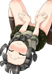 Rule 34 | 10s, 1girl, blush, closed eyes, female focus, kantai collection, kitakami (kancolle), minamimachi naname, no panties, peeing, pussy, shiny skin, simple background, skirt, solo, uncensored, white background