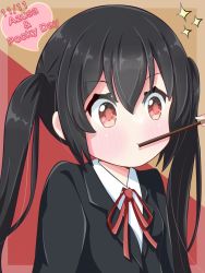 Rule 34 | 1girl, 1other, beenyan 1203, black hair, black jacket, blazer, brown eyes, character name, collared shirt, commentary request, dated, food in mouth, hair between eyes, highres, jacket, k-on!, long hair, mouth hold, nakano azusa, neck ribbon, pocky day, red ribbon, ribbon, sakuragaoka high school uniform, school uniform, shirt, sidelocks, solo focus, twintails, upper body, white shirt