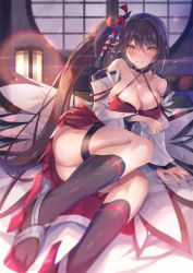 Rule 34 | 1girl, artist request, ass, azur lane, bare shoulders, bed, bed sheet, blush, breasts, choker, cleavage, dress, hair between eyes, hair ornament, japanese clothes, lamp, legs, long hair, looking at viewer, night, ponytail, slippers, socks, thick thighs, thigh strap, thighs, very long hair, zuikaku (azur lane)