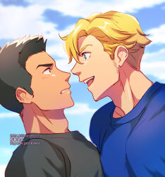 Rule 34 | 2boys, :d, adam&#039;s apple, ao isami, black hair, blonde hair, couple, day, eye contact, face-to-face, facial hair, koromo (kinu), lewis smith, looking at another, male focus, multiple boys, open mouth, pectoral docking, pectoral press, sideburns stubble, smile, stubble, sunlight, surprised, thick eyebrows, upper body, wide-eyed, yaoi, yuuki bakuhatsu bang bravern