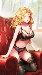 Rule 34 | 1girl, :d, black bra, black panties, black thighhighs, blonde hair, bra, breasts, cleavage, collarbone, curly hair, doukyuusei, doukyuusei another world, eyes visible through hair, game cg, garter belt, hair intakes, indoors, kneeling, large breasts, lingerie, long hair, navel, official art, open mouth, panties, saitou mako, shiny clothes, shiny legwear, smile, solo, thighhighs, underwear, underwear only, yellow eyes