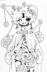 Rule 34 | 1girl, :d, earrings, fingernails, freckles, gears, greyscale, jewelry, keyhole, lineart, long sleeves, looking at viewer, monochrome, open mouth, original, shima (wansyon144), short hair, simple background, smile, solo, tagme, upper body, white background