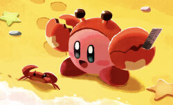 Rule 34 | :d, animal costume, aruco co, beach, blue eyes, blush, blush stickers, commentary request, copy ability, crab, day, footprints, highres, kirby, kirby (series), nintendo, no humans, open mouth, outdoors, rock, sand, shore, smile, solo, standing, starfish, water