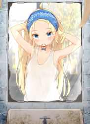 Rule 34 | 1girl, ahoge, armpits, bare arms, bare shoulders, blonde hair, blue eyes, closed mouth, collarbone, commentary request, coreytaiyo, highres, long hair, mirror, mouth hold, original, reflection, sink, solo, sweat, tank top, upper body, very long hair, white tank top