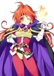 Rule 34 | 1girl, bandana, belt, blush, breasts, cape, earrings, elbow gloves, flat chest, gloves, hand on own hip, headband, jewelry, jpeg artifacts, lina inverse, long hair, magic, one eye closed, orange hair, panties, red eyes, simple background, skin tight, slayers, smile, solo, tamiya akito, underwear, yellow panties
