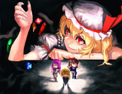 Rule 34 | 4girls, attall, attall139, bad id, bad pixiv id, bespectacled, blonde hair, bow, brown hair, claws, dice, fang, female focus, finger on trigger, fingernails, flandre scarlet, glasses, gun, hair bow, hair tubes, hakurei reimu, handgun, hat, highres, kirisame marisa, long hair, mini person, minigirl, multiple girls, nanbo ataru (attall), patchouli knowledge, pistol, purple hair, red eyes, sharp fingernails, side ponytail, size difference, smile, touhou, vampire, weapon, wings