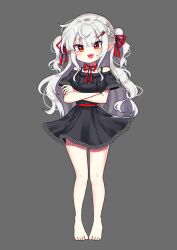 Rule 34 | :d, absurdres, bare legs, barefoot, black dress, blush, crossed arms, dress, fangs, grey background, hair ornament, hairclip, highres, legs, long hair, offbeat, open mouth, orange eyes, original, short dress, short sleeves, simple background, smile, two side up, white hair