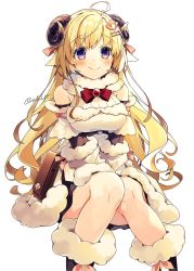 Rule 34 | 1girl, ahoge, animal ears, arm warmers, artist name, bag, black footwear, blonde hair, blush, bookbag, boots, bow, bowtie, breasts, brooch, closed mouth, dress, fur-trimmed boots, fur-trimmed dress, fur-trimmed gloves, fur trim, gloves, hair ornament, hair ribbon, hairclip, hands on lap, highres, hololive, horns, invisible chair, jewelry, knees together feet apart, long hair, looking at viewer, medium breasts, oshio (dayo), purple eyes, red bow, red bowtie, ribbed sleeves, ribbed sweater, ribbon, sheep ears, sheep horns, signature, simple background, sitting, smile, solo, sweater, thighs, tsunomaki watame, tsunomaki watame (1st costume), virtual youtuber, white background, white dress, wool