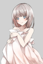 Rule 34 | 1girl, bare arms, bare shoulders, bed sheet, blue eyes, blush, brown hair, closed mouth, collarbone, comah, grey background, highres, looking at viewer, naked sheet, original, simple background, smile, solo