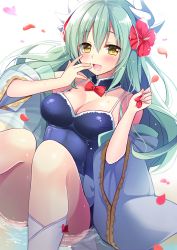 Rule 34 | 1girl, aqua hair, bad id, bad pixiv id, blush, bow, breasts, dragon girl, dragon horns, fate/grand order, fate (series), flower, hair between eyes, hair flower, hair ornament, highres, horns, ikura nagisa, japanese clothes, kimono, kiyohime (fate), kiyohime (fate/grand order), kiyohime (swimsuit lancer) (fate), kiyohime (swimsuit lancer) (second ascension) (fate), long hair, medium breasts, neck garter, off shoulder, one-piece swimsuit, open mouth, partially submerged, petals, red bow, red flower, simple background, solo, swimsuit, water, white background, yellow eyes