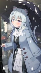Rule 34 | 1girl, animal ears, black dress, blue coat, blue eyes, blue hair, blush, breasts, cat ears, cat tail, coat, cowboy shot, dress, frilled umbrella, frills, hair ornament, highres, holding, holding umbrella, leaning forward, long hair, long sleeves, looking at viewer, mechanical ears, mechanical tail, medium breasts, nora cat, nora cat channel, open clothes, open coat, outdoors, parted lips, purple eyes, smile, snowflake hair ornament, snowing, solo, tail, taitan, umbrella, very long hair, virtual youtuber, winter