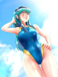 Rule 34 | :o, alternate costume, arm behind head, blue one-piece swimsuit, breasts, clothes writing, cloud, competition swimsuit, cowboy shot, day, dutch angle, fingernails, gluteal fold, green hair, hand on own hip, highres, hiyama yuu (wee259hiyama), horns, large breasts, long fingernails, lum, one-piece swimsuit, pointy ears, sky, standing, swimsuit, urusei yatsura, wet, wet clothes, wet hair, wet swimsuit, yellow eyes, yellow one-piece swimsuit