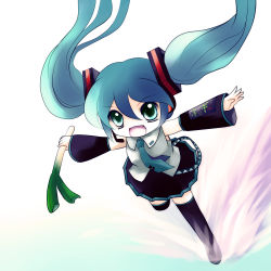 Rule 34 | 1girl, hatsune miku, highres, long hair, necktie, no nose, open mouth, skirt, smile, solo, spring onion, thighhighs, twintails, vocaloid, yume shokunin