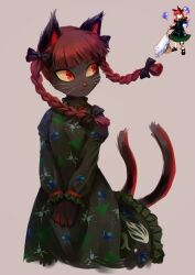 Rule 34 | 1girl, animal ears, black cat, black dress, braid, cat, cat ears, cat girl, cat tail, closed mouth, colored sclera, commentary, cropped legs, dress, english commentary, furry, furry female, green dress, grey background, highres, himuhino, kaenbyou rin, long sleeves, looking to the side, multiple tails, nekomata, own hands together, red eyes, reference inset, side braids, simple background, solo, tail, touhou, twin braids, two tails, v arms, yellow sclera