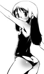 Rule 34 | 1girl, arm up, armpits, ass, bad id, bad pixiv id, black eyes, black hair, breasts, glasses, greyscale, long hair, looking back, minakami mai, monochrome, nichijou, one-piece swimsuit, outstretched arms, ryo-ma, school swimsuit, simple background, small breasts, solo, standing, swimsuit