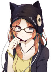 Rule 34 | 1girl, animal hat, beanie, black-framed eyewear, black eyes, black hat, black jacket, bracelet, brown hair, casual, cat hat, clenched hand, collarbone, commentary request, glasses, hand on own chin, hat, highres, jacket, jewelry, long hair, original, pendant, shirt, simple background, smile, solo, twitter username, upper body, white background, yellow shirt, yunekoko