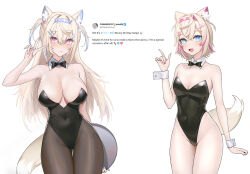 Rule 34 | 2girls, animal ear fluff, animal ears, black leotard, black pantyhose, blonde hair, blue eyes, blue hair, blush, breasts, bunny day, cleavage, collar, colored inner hair, cuffs, detached collar, dog ears, dog girl, dog tail, fang, fuwawa abyssgard, hair ornament, hairpin, highres, hololive, hololive english, large breasts, leotard, long hair, looking at viewer, mococo abyssgard, multicolored hair, multiple girls, ornament, pantyhose, pink eyes, pink hair, playboy bunny, quandoo, siblings, sisters, small breasts, smile, streaked hair, tail, tweet, twins, virtual youtuber, white collar, white wrist cuffs, wrist cuffs, x hair ornament