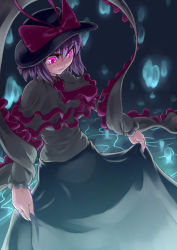Rule 34 | 1girl, babato, bad id, bad pixiv id, bow, clothes lift, dress, female focus, frills, glowing, glowing eyes, hat, nagae iku, purple hair, red eyes, scarf, skirt, skirt hold, skirt lift, solo, touhou