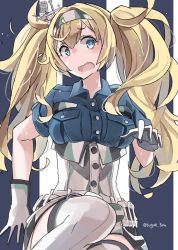 Rule 34 | 1girl, belt, blonde hair, blue eyes, blue shirt, blush, breast pocket, breasts, collared shirt, commentary request, gambier bay (kancolle), gloves, hair between eyes, hairband, kantai collection, large breasts, long hair, open mouth, pocket, shirt, short sleeves, shorts, simple background, solo, sugue tettou, thighhighs, twintails, white thighhighs