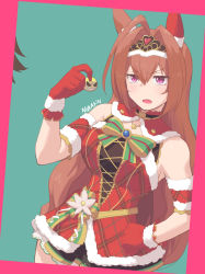 Rule 34 | 1girl, animal ears, armband, artist name, bare shoulders, bowtie, breasts, brown hair, capelet, commentary request, daiwa scarlet (scarlet nuit etoile) (umamusume), daiwa scarlet (umamusume), dress, ear covers, fang, fur-trimmed capelet, fur-trimmed dress, fur-trimmed gloves, fur trim, furrowed brow, gloves, green background, hair between eyes, hair intakes, hand on own hip, highres, holding, horse ears, horse girl, long hair, medium breasts, mukakin, official alternate costume, official alternate hairstyle, open mouth, pink background, purple eyes, red gloves, santa dress, short dress, sideboob, single ear cover, sleeveless, sleeveless dress, striped bow, striped bowtie, striped clothes, tiara, umamusume, very long hair