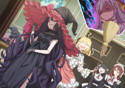 Rule 34 | 5girls, :d, ahoge, anger vein, anisphia wynn palettia, aura, black bow, black dress, black gloves, black hair, black headwear, blonde hair, bow, breasts, broom, brown hair, closed eyes, covering own mouth, dark aura, dress, euphyllia magenta, frilled hat, frills, gloves, hair bow, hair ornament, hand on own cheek, hand on own face, hat, hat bow, highres, holding, holding broom, ilia coral, juliet sleeves, lainie cyan, long hair, long sleeves, maid, maid headdress, medium breasts, military, military uniform, mochi (m0chi0000), multiple girls, open mouth, pink headwear, pointing, puffy sleeves, red eyes, shaded face, short hair, side slit, smile, tensei oujo to tensai reijou no mahou kakumei, tilty claret, two side up, uniform, very long hair, wavy mouth, witch hat