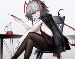 Rule 34 | 1girl, ahoge, aizawa masaya, arknights, black jacket, black pantyhose, black shirt, black skirt, breasts, chair, commentary, cup, demon girl, demon horns, demon tail, feet out of frame, grey hair, hair between eyes, holding, holding cup, horns, jacket, jacket on shoulders, looking at viewer, medium breasts, pale skin, pantyhose, pitcher (container), red eyes, shirt, sideboob, sideless outfit, sitting, skirt, solo, tail, tongue, tongue out, w (arknights)