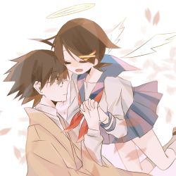 Rule 34 | 1boy, 1girl, angel wings, bare legs, black hair, blue skirt, closed eyes, closed mouth, crying, crying with eyes open, expressionless, eyes visible through hair, floating, fuura kafuka, glasses, hair ornament, hairclip, halo, hand up, holding hands, interlocked fingers, itoshiki nozomu, japanese clothes, jitome, light smile, looking afar, neckerchief, no nose, open mouth, petals, pleated skirt, red neckerchief, sayonara zetsubou sensei, school uniform, short hair, simple background, skirt, sora mame (7799374), spiked hair, streaming tears, tears, uniform, upper body, very short hair, white background, wings, x hair ornament