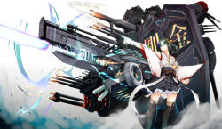 Rule 34 | 10s, 1girl, bare shoulders, beam gun, big.g, blue eyes, boots, detached sleeves, firing, glasses, green eyes, hairband, japanese clothes, kantai collection, kirishima (kancolle), long hair, long sleeves, nontraditional miko, outstretched arm, personification, pleated skirt, pointing, ribbon-trimmed sleeves, ribbon trim, short hair, skirt, solo, thigh boots, thighhighs, wide sleeves