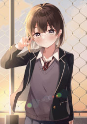 Rule 34 | 1girl, absurdres, akagikou, black jacket, black skirt, blazer, blush, brown hair, chain-link fence, collared shirt, commentary request, diagonal-striped clothes, diagonal-striped necktie, diagonal-striped neckwear, fence, grey eyes, hand in own hair, hand up, highres, jacket, long sleeves, looking at viewer, necktie, open clothes, open jacket, original, outdoors, parted lips, pleated skirt, red necktie, school uniform, shirt, skirt, solo, striped clothes, striped necktie, striped neckwear, sunset, sweater vest, white shirt