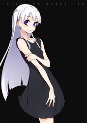 Rule 34 | 1girl, arm grab, bare arms, bare shoulders, black background, black dress, blue eyes, breasts, collarbone, dress, fingernails, fuyuno yuuki, long hair, looking at viewer, original, parted lips, silver hair, simple background, sleeveless, sleeveless dress, small breasts, solo, very long hair, watermark, web address