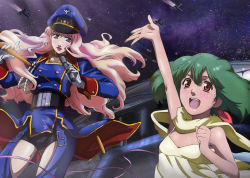 Rule 34 | 2girls, :d, arm up, blonde hair, blue eyes, detexted, earrings, green hair, hat, highres, jewelry, long hair, macross, macross frontier, microphone, multiple girls, official art, ootsuka yae, open mouth, outstretched hand, ranka lee, red eyes, scan, sheryl nome, short hair, single earring, smile, sweat, third-party edit, whip