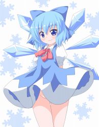Rule 34 | 1girl, arms behind back, blue dress, blue hair, blush, bow, cirno, dress, hair bow, hair ribbon, ice, ice wings, kagerou (kers), looking at viewer, no panties, partially visible vulva, ribbon, short hair, smile, snowflake background, solo, touhou, wind, wind lift, wings