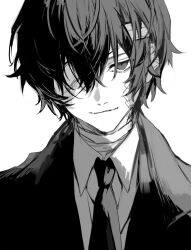 Rule 34 | 1boy, bandage over one eye, bandages, bandaid, bandaid on face, bungou stray dogs, closed mouth, collared jacket, collared shirt, dazai osamu (bungou stray dogs), formal, greyscale, hair between eyes, jacket, long sleeves, looking at viewer, male focus, monochrome, mzc1785, necktie, open clothes, open jacket, shirt, short hair, simple background, smile, solo, suit