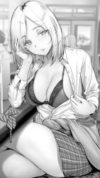 Rule 34 | 1girl, blonde hair, braid, breasts, cleavage, clothes pull, collared shirt, crossed legs, gentsuki, greyscale, hand up, head rest, highres, large breasts, lips, looking at viewer, monochrome, original, school uniform, seductive smile, shirt, shirt pull, smile, thick thighs, thighs, unbuttoned, undressing