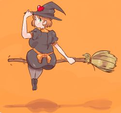 Rule 34 | 1girl, ass, bare arms, black dress, black footwear, black hat, blush stickers, breasts, broom, broom riding, brown hair, curvy, dress, floating, from behind, hat, heart, huge ass, inkerton-kun, large breasts, looking at viewer, looking back, mama-chan (inkerton-kun), mature female, one eye closed, orange background, plump, puffy short sleeves, puffy sleeves, short sleeves, sidesaddle, simple background, smile, solo, trembling, wink, witch hat