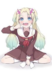 Rule 34 | 1girl, blonde hair, blue eyes, brown dress, dress, fake horns, fangs, finger in own mouth, gradient hair, hair ornament, hasu no sora school uniform, highres, horns, indian style, link! like! love live!, long hair, long sleeves, looking at viewer, love live!, multicolored hair, neckerchief, open mouth, osawa rurino, parted bangs, red neckerchief, sailor collar, school uniform, sitting, socks, solo, tomoe (tomoe 200), two side up, white background, white sailor collar, white socks, winter uniform