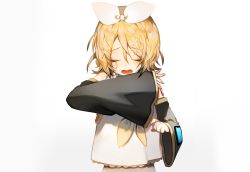 Rule 34 | 1girl, absurdres, black sleeves, blonde hair, bow, commentary, crying, detached sleeves, hair ornament, hairclip, highres, kagamine rin, muaooooo, nail polish, open mouth, orange nails, puffy sleeves, shirt, short hair, simple background, solo, upper body, vocaloid, white background, white bow, white shirt, yellow bow