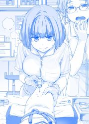 Rule 34 | 2girls, :q, arm grab, blood, blue theme, breasts, calendar (object), comic, glasses, gloves, hand to own mouth, himura kiseki, large breasts, leaning forward, monochrome, multiple girls, nurse, open mouth, original, pov, short hair, short sleeves, silent comic, stool, sweatdrop, syringe, tape, teeth, tongue, tongue out, trembling, v-shaped eyebrows, vial, wavy mouth, worried, zipper