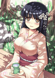 Rule 34 | 1girl, bench, black hair, blush, breasts, chinese commentary, commentary, cup, day, floral print, flower, fusou (warship girls r), grass, hair flower, hair ornament, highres, hime cut, holding, holding cup, japanese clothes, kimono, large breasts, long hair, looking at viewer, outdoors, pink kimono, rock, sitting, smile, solo, srwsrx (gp03dsrx), tea, teacup, tree, very long hair, warship girls r, yellow eyes