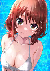 Rule 34 | 1girl, bikini, blue background, blush, breasts, brown eyes, brown hair, cleavage, closed mouth, collarbone, commentary, girls band cry, halterneck, highres, iseri nina, light particles, looking at viewer, low twintails, makaichance, medium breasts, short hair, short twintails, sidelocks, smile, solo, swimsuit, twintails, variant set, white bikini