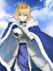 Rule 34 | ahoge, armor, armored dress, artoria pendragon (all), artoria pendragon (fate), blonde hair, blue cape, blue skirt, braid, breastplate, cape, capelet, cloud, crown, day, fate/grand order, fate (series), french braid, fur-trimmed cape, fur trim, green eyes, hair between eyes, hand on own chest, highres, outstretched arm, saber (fate), skirt, smile, solo, z w (adsfe)