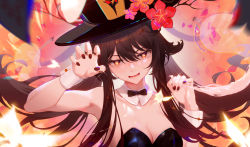 Rule 34 | 1girl, absurdres, arm up, bare shoulders, black bow, black hat, black leotard, black nails, bow, bowtie, breasts, brown hair, bug, butterfly, cleavage, commentary request, detached collar, flower, flower-shaped pupils, genshin impact, ghost, hair between eyes, hat, hat ornament, heart, highres, hu tao (genshin impact), insect, leotard, long hair, looking at viewer, medium breasts, nail polish, open mouth, petals, playboy bunny, porkpie hat, red eyes, saliva, solo, strapless, strapless leotard, symbol-shaped pupils, twintails, very long hair, wrist cuffs, xiaoshan jiang