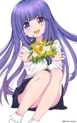 Rule 34 | 1girl, :d, absurdres, artist name, blunt bangs, blush, bouquet, commentary request, convenient leg, crossed arms, eyelashes, eyes visible through hair, feet out of frame, floating hair, flower, furude rika, happy, highres, higurashi no naku koro ni, holding, holding bouquet, knees up, legs together, long hair, long sleeves, miniskirt, mizuno374, open mouth, purple eyes, purple hair, rose, shirt, simple background, sitting, skirt, smile, solo, straight hair, tareme, very long hair, white background, white flower, white rose, white shirt, yellow flower, yellow rose
