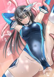 Rule 34 | akatsuki kanten, arm behind head, armor, armpits, black hair, blue one-piece swimsuit, cameltoe, cleft of venus, collar, commentary request, competition swimsuit, cropped arms, cum, elbow gloves, elbow pads, from above, gloves, green eyes, groin, horns, kisoe mitsuki, kyoukai hishou celestite, leg lift, long hair, mechanical horns, mechanical parts, metal collar, navel, one-piece swimsuit, original, skin tight, slime (substance), suggestive fluid, swimsuit, tentacle grab, tentacles, wrinkled fabric