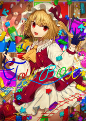 Rule 34 | 1girl, :d, ascot, black gloves, blonde hair, bow, center frills, cover, cowboy shot, crystal, daimaou ruaeru, fang, flandre scarlet, frilled shirt collar, frills, gloves, hand up, hat, hat bow, holding, holding pen, lego, light particles, long hair, long sleeves, looking at viewer, mob cap, nail polish, one side up, open mouth, pen, petticoat, puffy sleeves, puzzle piece, red bow, red eyes, red nails, red skirt, shirt, single glove, skirt, skirt set, smile, solo, standing, stuffed animal, stuffed toy, teddy bear, thighs, touhou, toy train, white hat, white shirt, wings, yellow ascot