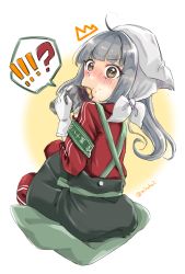 Rule 34 | !, !!, !?, 1girl, ?, apron, black apron, blush, brown eyes, commentary request, eating, food, gloves, grey hair, head scarf, highres, jacket, kantai collection, kasumi (kancolle), long sleeves, looking at viewer, mincha, pants, puffy cheeks, roasted sweet potato, side ponytail, simple background, sitting, solo, speech bubble, spoken interrobang, surprised, suspenders, sweet potato, track jacket, track pants, track suit, twitter username, v-shaped eyebrows, white gloves, wide-eyed, roasted sweet potato