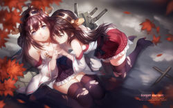 Rule 34 | 10s, 2girls, autumn, bad id, bad pixiv id, blue eyes, boots, breasts, brown eyes, cleavage, english text, holding hands, haruna (kancolle), head on chest, highres, japanese clothes, kantai collection, kneeling, kongou (kancolle), leaf, lips, looking at viewer, multiple girls, nontraditional miko, parted lips, personification, signature, sitting, skirt, thigh boots, thighhighs, torn clothes, torn legwear, yykuaixian