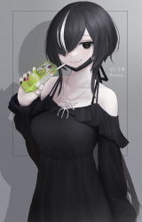 Rule 34 | 1girl, bad id, bad pixiv id, bare shoulders, black eyes, black hair, breasts, fang, film grain, grey background, hair over one eye, highres, jewelry, juice box, looking at viewer, mask, mechanical hands, medium breasts, mihato senba, mole, mole under eye, mouth mask, multicolored hair, original, pale skin, pendant, short hair with long locks, single mechanical hand, skin fang, smile, solo, streaked hair