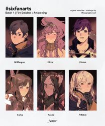 Rule 34 | 2boys, 4girls, black gloves, black hair, blush, brown eyes, brown hair, butterfly hair ornament, chrom (fire emblem), closed mouth, collarbone, facial mark, fire emblem, fire emblem awakening, gloves, hair ornament, hand on own chin, highres, morgan (fire emblem), morgan (male) (fire emblem), multiple boys, multiple drawing challenge, multiple girls, naruysae, nintendo, olivia (fire emblem), panne (fire emblem), parted lips, ponytail, purple eyes, purple hair, robin (female) (fire emblem), robin (fire emblem), sidelocks, six fanarts challenge, sumia (fire emblem), thinking, twintails